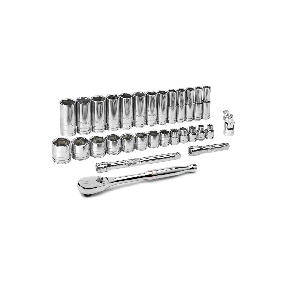 30 Piece 6 Point Standard & Deep SAE Mechanics Hand Tool Set 3/8 in Drive